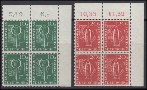 217-218 Ausstellung WESTROPA jeweils Eck-Viererblock oben rechts, ungefaltet **