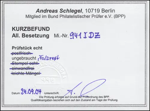 941I DZ Leipziger Messe mit WZ flache Stufen, Falzrest *, Befund Schlegel BPP