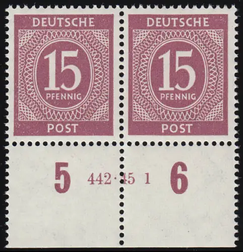 921 Ziffer 15 Pf bräunl.lila UR-Paar mit HAN 442.45 1, ungefaltet postfrisch **