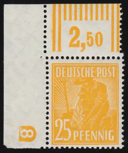 952 DZ Arbeiter 25 Pf. Eckrand oben links Feld 1 mit Druckerzeichen 8 neg, ** 