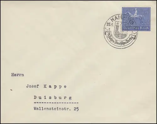 698 Deutsches Derby 1939 auf Brief mit passendem SSt HAMBURG Wappen 25.6.39
