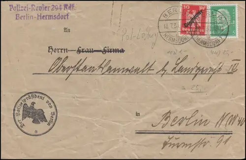 POL-Lochung B 13 auf 411 mit Dienstmarke MiF Orts-Brief BERLIN-HERMSDORF 18.7.30