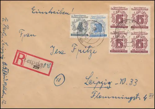 146 Volkssolidarität + 145 Vbl. auf R-Brief Leipzig Tarifersttag 1.3.46