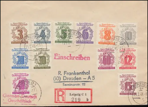 138-149Y Volkssolidarität, Satz mit 148b auf R-Brief LEIPZIG C 1 - 25.2.1946