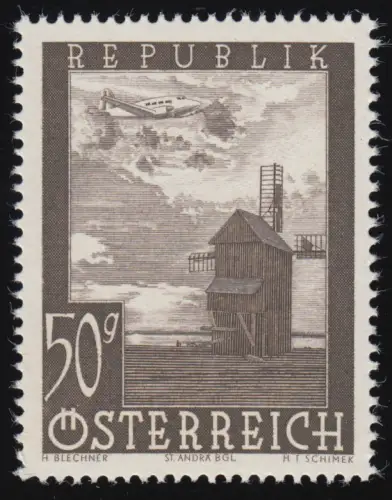 822 Flugzeug über Landschaft/ Gebäude, Windmühle am Zicksee Burgenland, 50 g, **