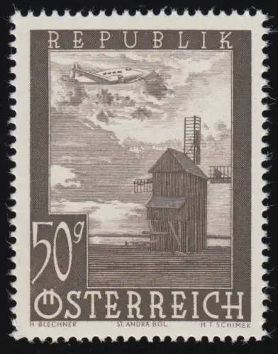 822 Flugzeug über Landschaft/ Gebäude, Windmühle am Zicksee Burgenland, 50 g, **