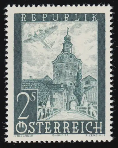 824 Flugzeug über Landschaft/ Gebäude, Stadtturm Gmünd Kärnten, 2 S, **