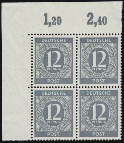 920a P OR ndgz Ziffer 12 Pf Eck-Viererblock oben links ** ungefaltet farbgeprüft