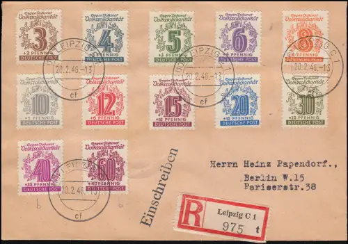 138-149Y Volkssolidarität, Satz mit 148b + 149b auf R-Brief LEIPZIG C 1- 20.2.46