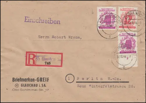 148 b Volkssolidarität, seltene Farbe auf R-Brief Glauchau 17.10.46, gpr. Ströh