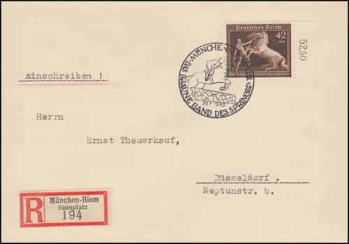 699 Das Braune Band  mit RWZ als EF auf R-Brief SSt MÜNCHEN-RIEM 29.7.1939, Ak-O