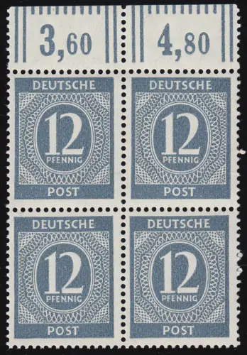 920b W OR Ziffer 12 Pf Oberrand-Viererblock ** ungefaltet BPP-geprüft