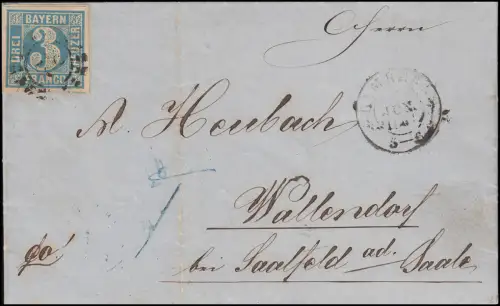 Bayern 2I Ziffer 3 Kreuzer - Faltbrief von Bamberg 7.6.1861 nach Wallendorf 8.6.