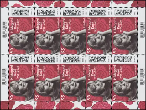 3940 Hildegard Knef, Sängerin und Künstlerin, 10er-Bogen postfrisch **