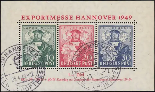 Block 1a Hannover Messe, Sonderstempel Hannover Allgemeine Exportmesse 23.4.49