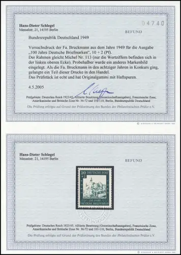 113 - 100 Jahre Briefmarken Versuchsdruck Druckerei Bruckmann, Befund Schlegel