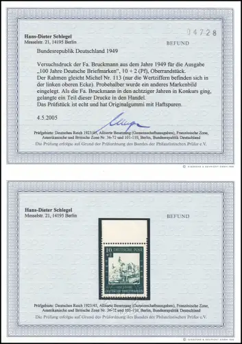 113 - 100 Jahre Briefmarken Versuchsdruck Druckerei Bruckmann, Befund Schlegel