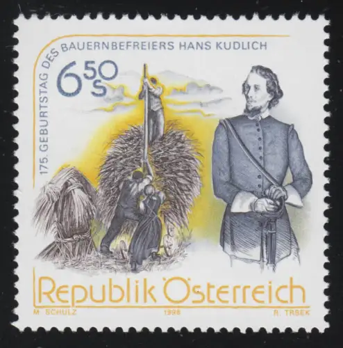 2266 175. Geburtstag Hans Kudlich, Politiker, Bauern bei Heuarbeit, 6.50 S **