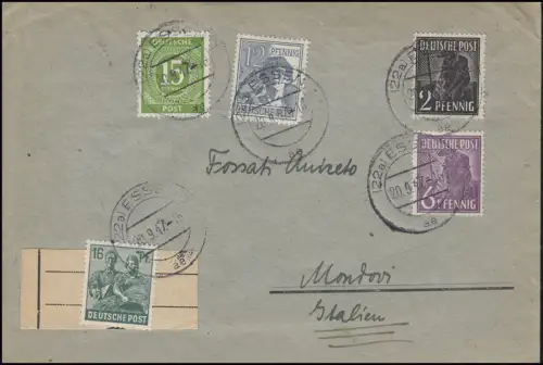Kontrollrat I+II MiF Auslandsbrief von ESSEN 20.9.45 nach MONDOVI 23.9.47