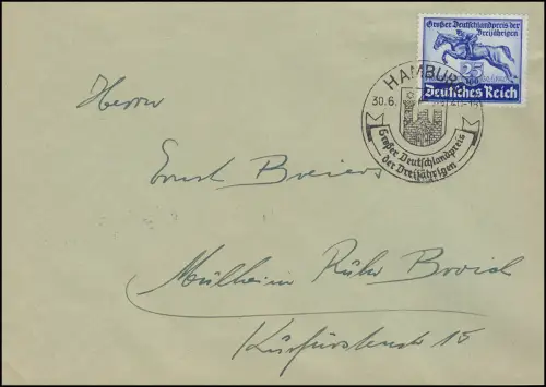 746 Das Blaue Band 1940 auf Brief SSt Deutschlandpreis Hamburg 30.6.40