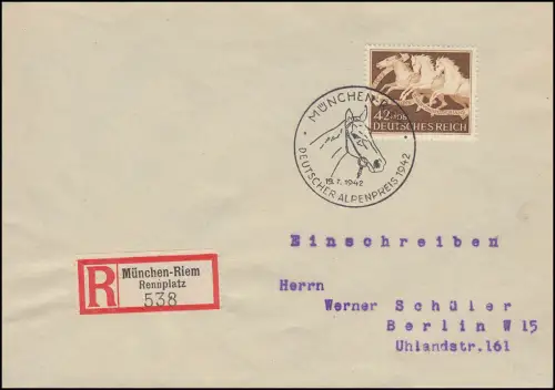 815 Das Braune Band 1942 EF R-Brief Sonder-R-Zettel SSt MÜNCHEN-RIEM 19.7.42
