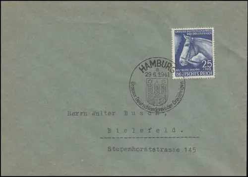 779 Das Blaue Band - Brief SSt HAMBURG Deutschlandpreis der Dreijährigen 29.6.41