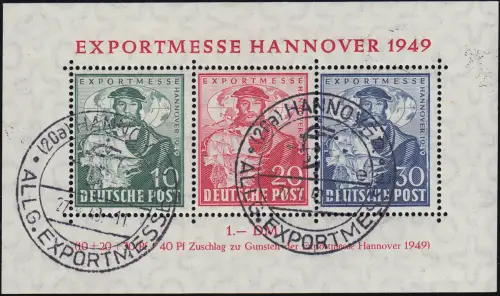 Block 1a Hannover Messe mit Sonderstempel Hannover Allg. Exportmesse 23.4.49