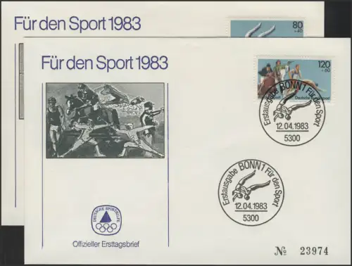 Sporthilfe Bund zwei offizielle FDCs Turnen und Fünfkampf, Bonn 1983