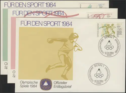 Sporthilfe Bund drei offizi. FDCs Diskus Sportgymnastik Segelsurfen, Bonn 1984