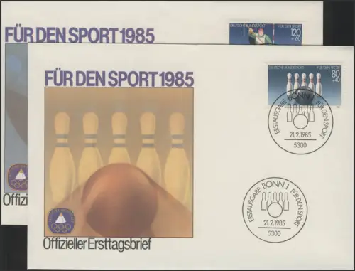 Sporthilfe Bund zwei offizielle FDCs Kegeln Kanuslalom, Bonn 1985