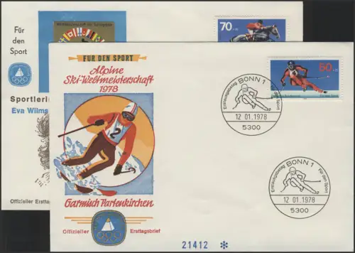 Sporthilfe Bund 958 / 968 zwei offiz. FDCs Abfahrtslauf Springreiten, Bonn 1978