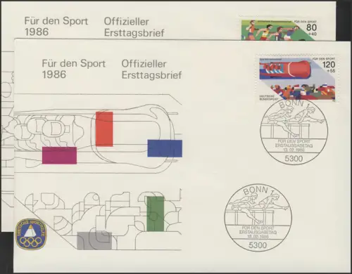 Sporthilfe Bund zwei offizielle FDCs Kurzstreckenlauf Bobfahren, Bonn 1986