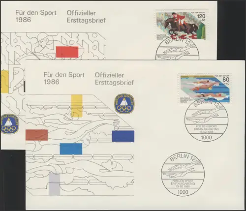 Sporthilfe Berlin zwei offizielle FDCs Schwimmen Springreiten 1986