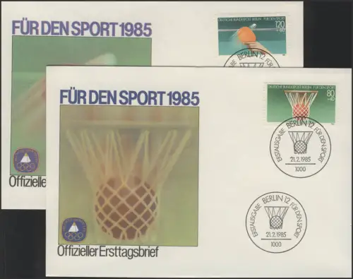 Sporthilfe Berlin zwei offizielle FDCs Basketball Tischtennis, 1985