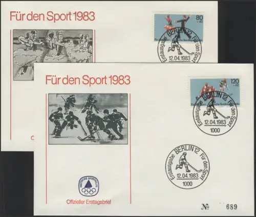 Sporthilfe Berlin zwei offizielle FDCs Tanzen Eishockey, 1983
