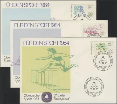 Sporthilfe Berlin drei offizielle FDCs Hürdenlauf Radfahren Kajak, 1984