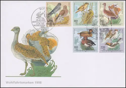 Wohlfahrt 1998 - Bedrohte Vogelarten Vögel, FDC ESST Bonn