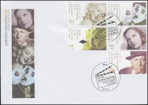 Wohlfahrt 2001 - Filmschauspieler Monroe Chaplin Garbo Gabin, FDC ESST Bonn