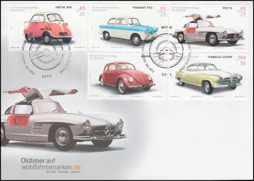Wohlfahrt 2002 - Oldtimer Isetta Trabbi Mercedes Käfer, FDC ESST Bonn
