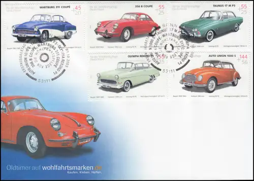 Wohlfahrt 2003 - Oldtimer Wartburg Porsche Taunus Rekord, FDC ESST Bonn