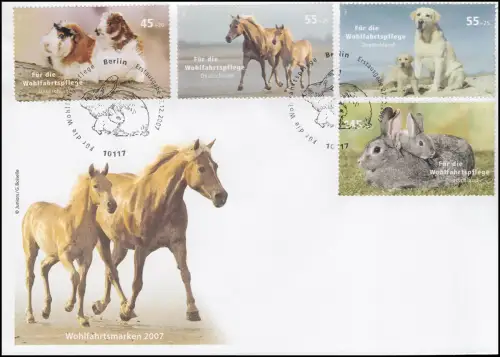 Wohlfahrt 2007 - Haustiere Meerschwein Pferd Hund Kaninchen, FDC ESST Berlin