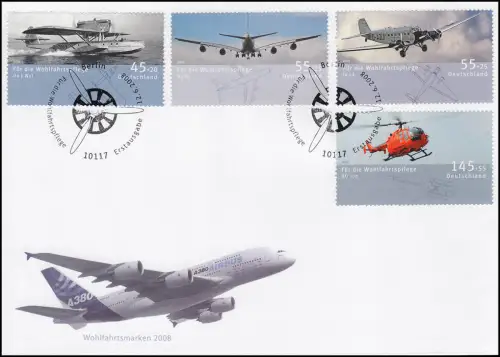 Wohlfahrt 2008 - Luftfahrzeuge Flugzeuge Hubschrauber, FDC ESST Berlin