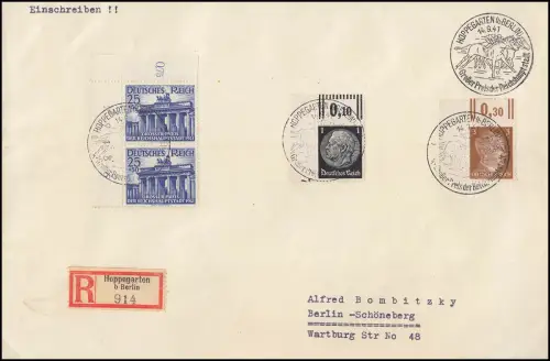 803 Großer Preis Eckrand-Paar auf R-Brief R-Zettel SSt HOPPEGARTEN 14.9.41