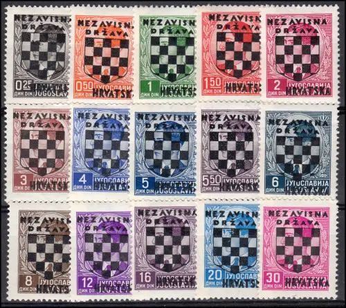 Kroatien 9-23 Wappen-Aufdruck 1941, 15 Werte komplett, Satz postfrisch **