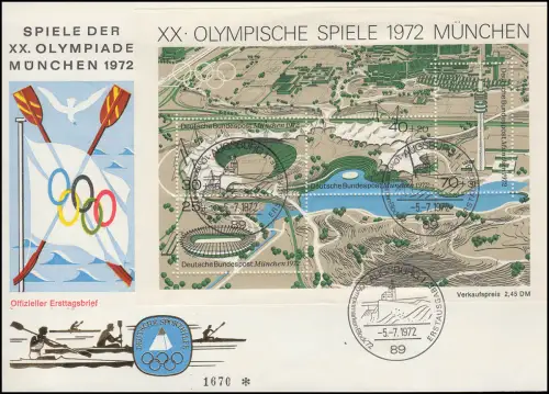 Block 7 Olympiastadion mit Plattenfehler I auf Schmuck-FDC Augsburg 5.7.72