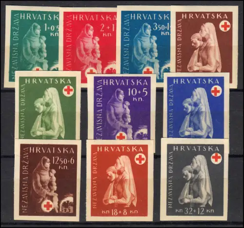 Kroatien 118-127U Rotes Kreuz UNGEZÄHNT, Satz (10 Marken) postfrisch **