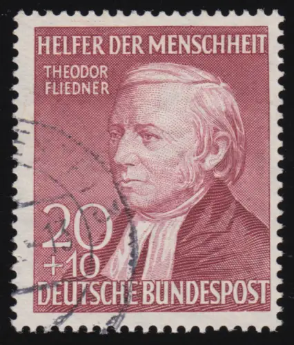 158I Theodor Fliedner 20+10 Pf, Walzendruck (kleines Markenbild, lilarot) O