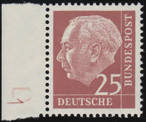 186y DZ Heuss 25 Pf fluoreszierend Randmarke mit Druckerzeichen dünne 1 **