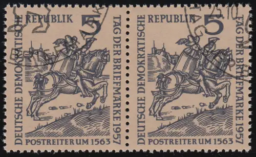 600I Tag der Briefmarke 1957 - Plattenfehler äpfelndes Pferd Feld 24, Paar SST