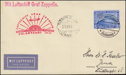 Deutsches Reich 457 Luftschiff Graf Zeppelin 2 RM, Polarfahrt Bordpost Juli 1931